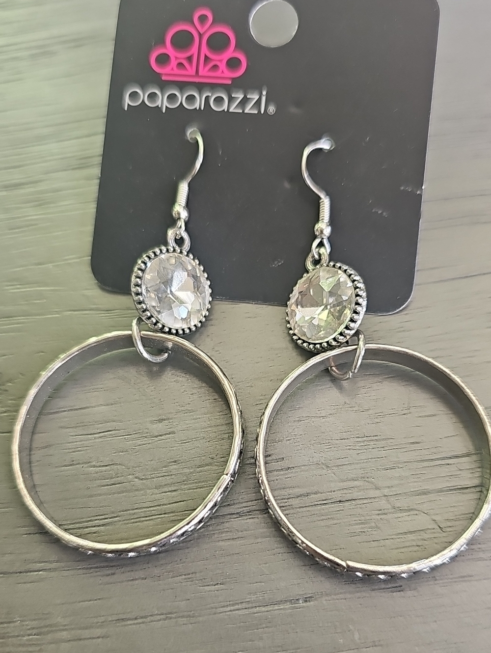 paparazzi Silver Hoop Drop Earrings with Clear Stones